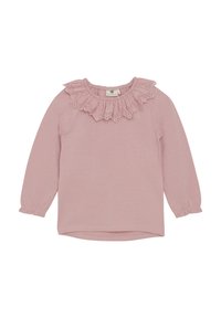 Rosa langermet skjorte med bølget blondekant i halsen, tekstureret stoff, og samlet mansjetter ved ermene. Klassisk rund hem-design.