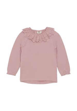 Rosa langermet skjorte med bølget blondekant i halsen, tekstureret stoff, og samlet mansjetter ved ermene. Klassisk rund hem-design.
