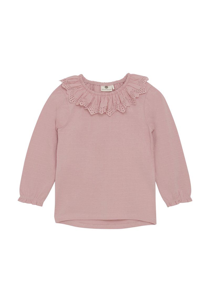 Rosa langermet skjorte med bølget blondekant i halsen, tekstureret stoff, og samlet mansjetter ved ermene. Klassisk rund hem-design.