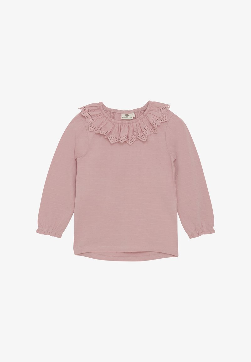 Rózsaszín hosszú ujjú ing fodros csipkegyűrűvel a nyakban, textúrált anyagból, és húzott mandzsettával az ujjakon. Klasszikus kerek szegélyes kialakítás.