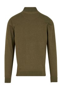 Olivgrüner Langarmpullover mit gerippten Bündchen, Saum und hohem Kragen, von hinten auf einem weißen Hintergrund gezeigt.