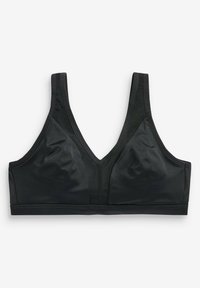 Zwarte sportbeha met een V-hals ontwerp, gemaakt van gladde stof. Voorzien van brede bandjes en een stevige onderband voor ondersteuning.