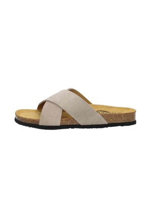 Wildleder-Slide-Sandalen in hellbeige mit gekreuzten Riemen, einer gepolsterten Kork-Fußbett und einer schwarzen Gummisohle. Flaches Profil, lässiges Design.