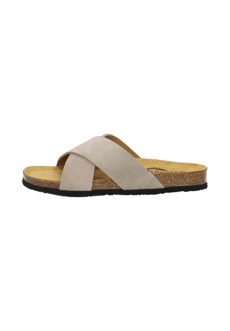 Suede slide sandals in light beige with crossed straps, a cushioned cork footbed, and a black rubber outsole. Flat profile, casual design.
