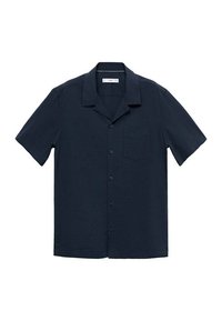 Kurzärmeliges Hemd mit Knopfleiste in Dunkelmarine, aus leichtem Stoff gefertigt, mit einem Reverskragen und Brusttasche. Glatte Textur.