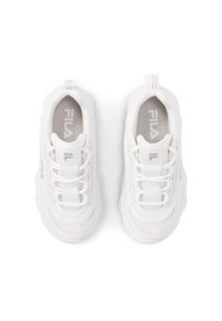 Sneakers bianchi con materiali in rete e pelle, forma arrotondata, suola spessa e lacci. Presentano un delicato logo dettagliato in argento.