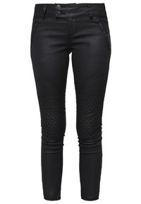 Svarta slim fit-jeans med en texturerad vadderad paneldesign på knäna, gjorda av stretchdenim med en slät yta. Stängning med två knappar.