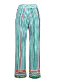 Lichte, gemusterde wijde broek in turquoise met meerkleurige verticale strepen en een decoratieve tailleband.