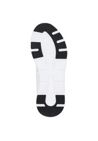 Vit sula på sneakers med en texturerad svart gummigrepp och distinkt mönster, som har en slät vit mellansole och subtil branding.