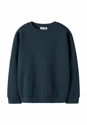 Sweatshirt à col rond en vert foncé avec des manches longues, des poignets et un ourlet côtelés, présenté à plat sur un fond blanc.