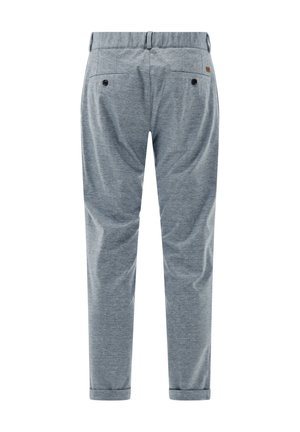 Graue, tapered Hosen aus glattem Stoff, ausgestattet mit zwei Gesäßtaschen mit schwarzen Knöpfen und einem umgeschlagenen Saum. Einfaches Design ohne sichtbare Muster.