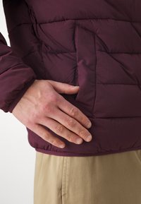 Bordo puhovik z mehanizmom in stranskimi žepi. Roke počivajo na tkanini jakne, ki ima gladko, mat površino.