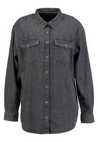 Camicia a maniche lunghe in denim nero con chiusura a bottoni, due tasche sul petto e colletto classico. Presenta bottoni in metallo e una vestibilità comoda.