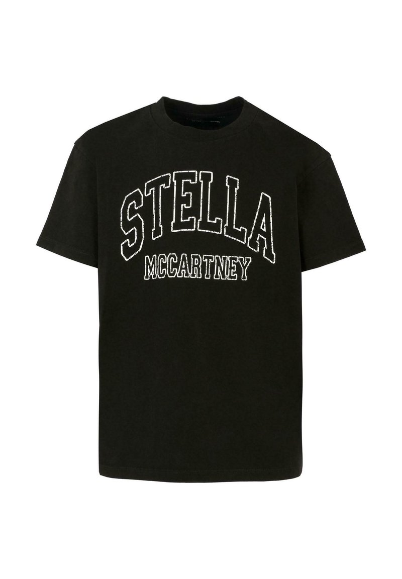 T-shirt en coton noir avec un col rond et des manches courtes. L'avant affiche le texte "STELLA" et "McCARTNEY" en broderie blanche contrastante.