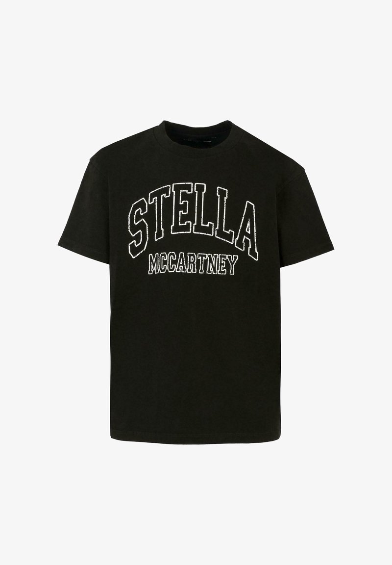T-shirt en coton noir avec un col rond et des manches courtes. L'avant affiche le texte "STELLA" et "McCARTNEY" en broderie blanche contrastante.