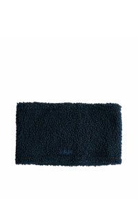 Bandeau en polaire bleu marine foncé, de forme rectangulaire, avec une surface texturée au toucher doux et confortable. Il présente un petit logo discret.