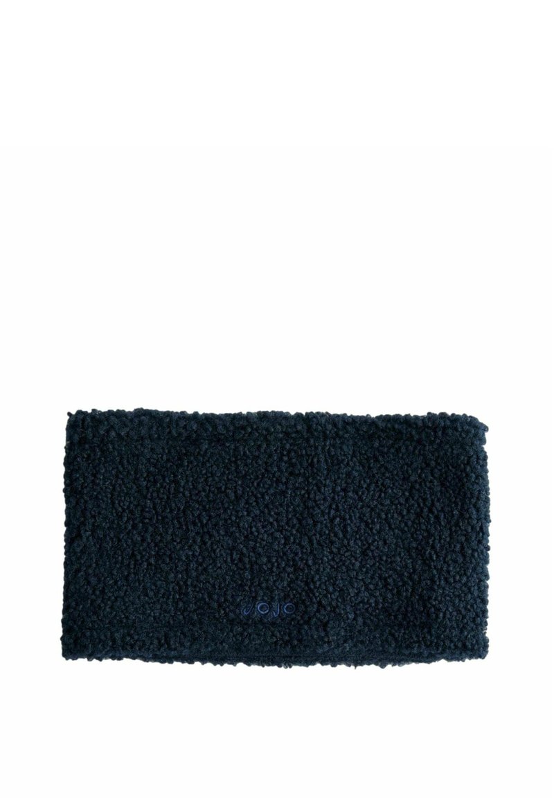 Bandeau en polaire bleu marine foncé, de forme rectangulaire, avec une surface texturée au toucher doux et confortable. Il présente un petit logo discret.