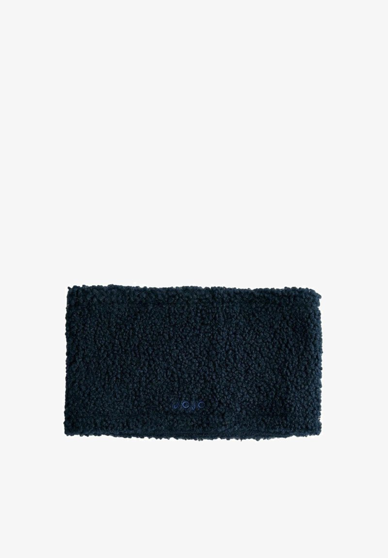 Bandeau en polaire bleu marine foncé, de forme rectangulaire, avec une surface texturée au toucher doux et confortable. Il présente un petit logo discret.