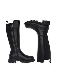 Mustad põlveni ulatuvad saapad, mis on valmistatud siledast nahast ja millel on tekstuurse kangasega paneel, küljepoolne lukk ja paksud tallad stabiilsuse tagamiseks.