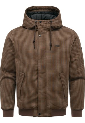 Braune gesteppte Jacke mit Kapuze, vorderen Taschen, gerippten Bündchen und Kordelverschlüssen an der Kapuze.
