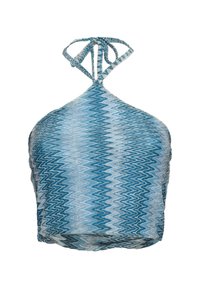 Top con collo all'americana con un motivo ondulato in diverse tonalità di blu e argento. Presenta una chiusura a cravatta sul retro e un tessuto testurizzato ed elastico.