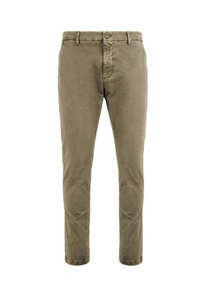 Męskie casualowe spodnie slim-fit w kolorze oliwkowej zieleni, z zapięciem na guziki i szlufkami na pasek, prezentowane na białym tle.