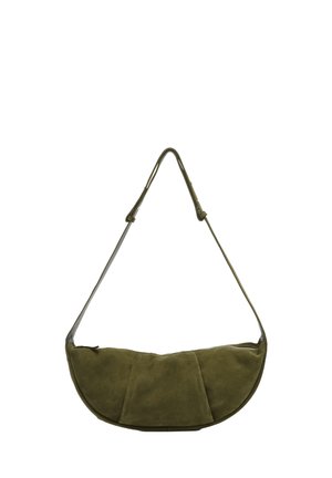 Olive green suede shoulder bag with a curved shape, single strap, and zipper closure, featuring a three-panel design on the front.
