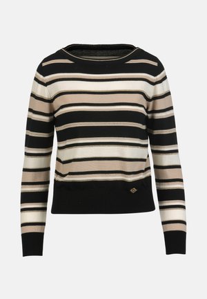 Dryžuotas megztinis su juodomis, smėlio spalvos ir baltomis horizontaliomis juostomis. Pagamintas iš minkštos medžiagos, turi ribotuotą apykaklę ir apačią. Auksiniai aksesuarai.