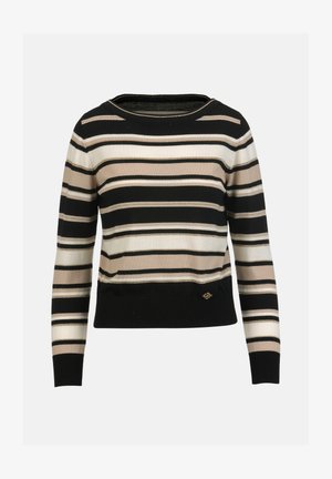 Dryžuotas megztinis su juodomis, smėlio spalvos ir baltomis horizontaliomis juostomis. Pagamintas iš minkštos medžiagos, turi ribotuotą apykaklę ir apačią. Auksiniai aksesuarai.