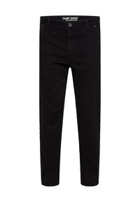 Schwarze Jeans aus Denim mit schmaler Passform, ausgestattet mit einem Knopfverschluss, Gürtelschlaufen und fünf Taschen. Weiche Textur ohne sichtbare Verzierungen.