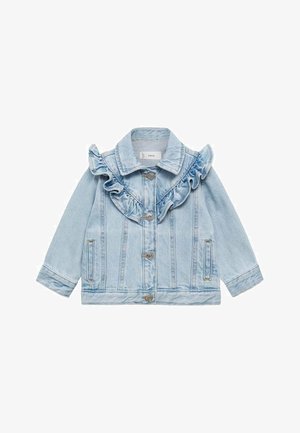 Lichtblauwe denimjas met gerimpelde kraag, zilveren knopen en zijzakken. Heeft een klassieke snit en textuurstof.