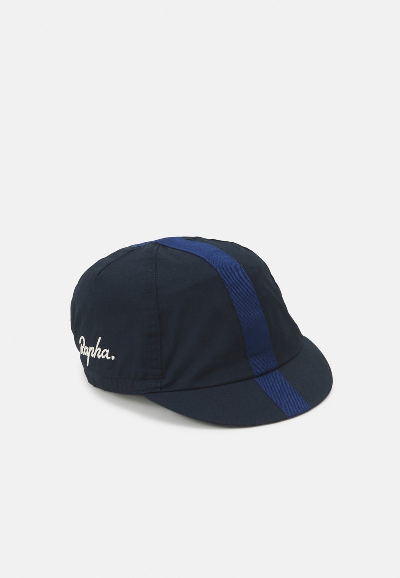 Berretto da ciclismo navy con una striscia blu a contrasto, realizzato in tessuto leggero. Presenta un logo ricamato e una visiera strutturata.