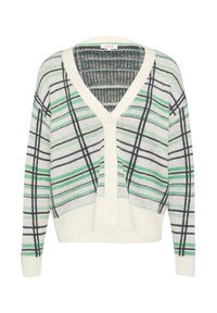 Strickjacke aus weichem Stoff mit V-Ausschnitt, Knopfverschluss und einem grünen, schwarzen und weißen Karomuster mit horizontalen Streifen.