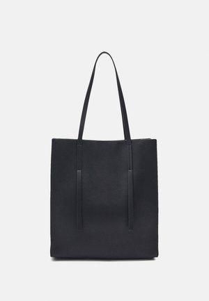 Schwarze Leder-Tasche mit zwei langen Schulterriemen und einem glatten, rechteckigen Körper auf weißem Hintergrund.