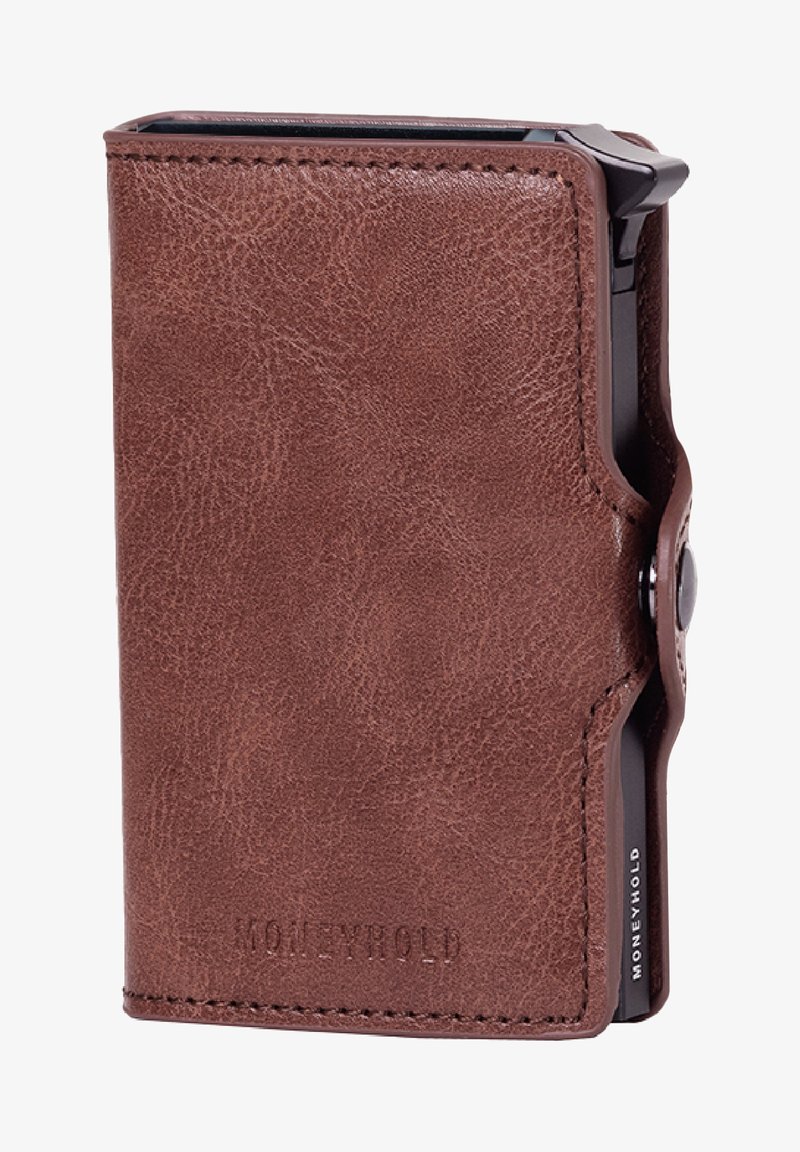 Brown leather wallet with a textured surface, featuring a snap closure and a card slot visible on the side. Engraved logo on the front.