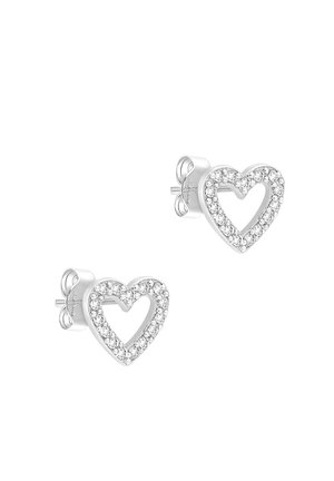 Sølv ørestikker i hjerteform med åbne centre, hver prydet med små klare krystaller langs kanterne.