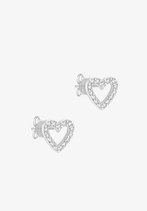 Ohrstecker in Herzform aus Silber mit offenen Mittelteilen, jedes mit kleinen klaren Kristallen am Rand verziert.