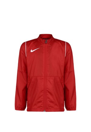 Rote Nylonjacke mit durchgehendem Reißverschluss, Stehkragen, seitlichen Taschen und weißen Akzenten. Mit dem Nike-Logo auf der oberen linken Seite.