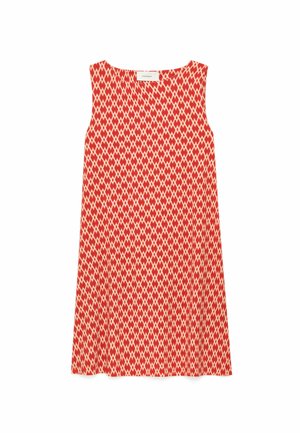 Abito smanicato a linea A con motivo a losanghe rosse e beige, scollo rotondo e orlo all'altezza del ginocchio.