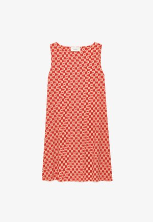 Abito smanicato a linea A con motivo a losanghe rosse e beige, scollo rotondo e orlo all'altezza del ginocchio.