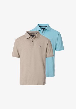 Zwei kurzärmelige Poloshirts, eines beige vorne und eines hellblau dahinter, beide mit Kragen und Knopfleisten.