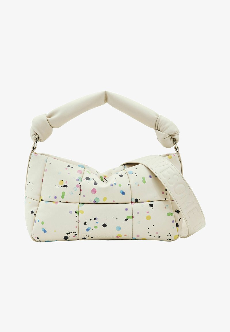 Crème kleurige leren handtas met een gewatteerd ontwerp, kleurrijk verfspetters patroon en een geknoopte handgreep met een stevige band.
