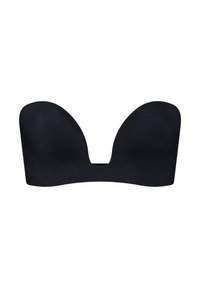Reggiseno nero senza spalline con superficie liscia, design a profondo scollatura e coppe stampate. Presenta una finitura senza cuciture e nessun hardware visibile.