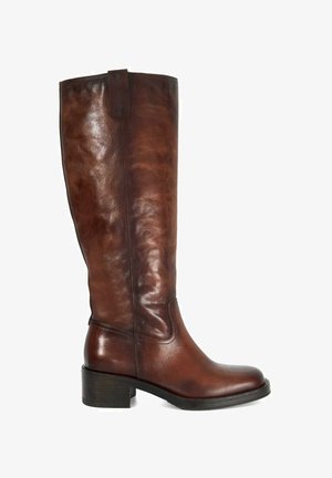 Botte en cuir marron jusqu'aux genoux avec une finition lisse, un bout rond, un petit talon empilé, une languette en haut et des détails de couture minimalistes.