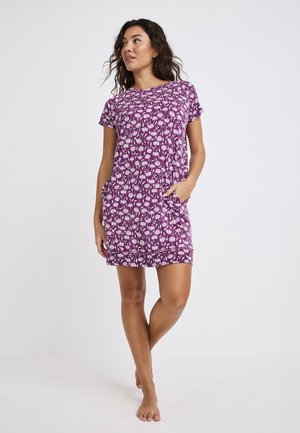Purple floral print short dress made of soft fabric, featuring short sleeves, pockets, and a relaxed fit with a hemline above the knee.