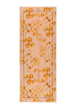 Hellpfirsichfarbener rechteckiger Schal mit kleinen orange- und gelben Blumenclustern, dünner schwarzer Rand nahe den Kanten und fransige Enden.