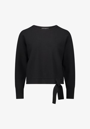 Zwarte cropped sweater met een ronde halslijn, lange mouwen, geribbelde manchetten en een gestrikt accent aan de linkerkant van de zoom. Gladde gebreide stof.