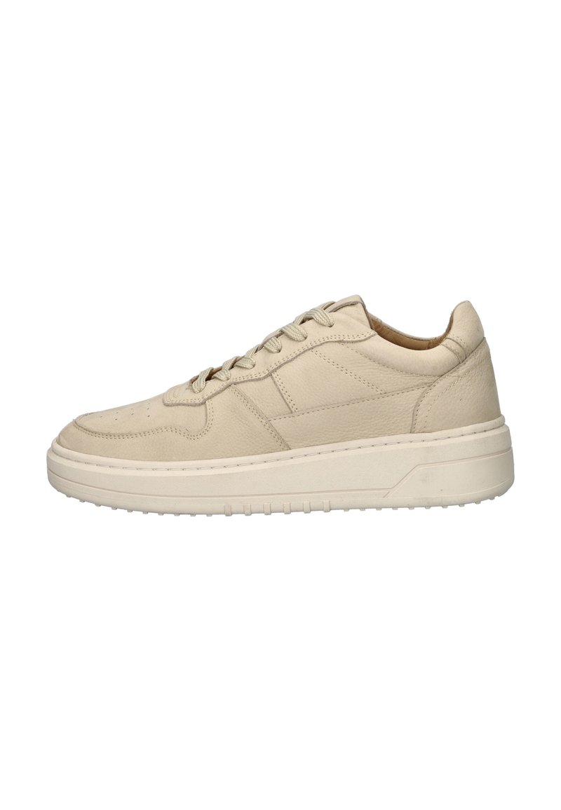 Beige Leder Sneaker mit glatter Oberfläche, runder Zehenpartie, Schnürverschluss und dickem Gummisohle mit strukturiertem Musterdetail.