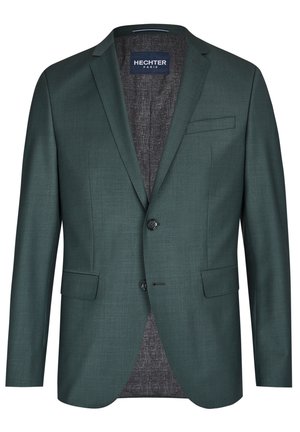 Mørkegrøn blazer med en struktureret overflade, to-knap lukning, indsatskraver og en enkelt brystlomme. Inderforet med kontraststof.