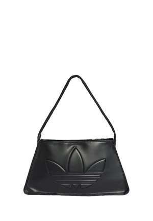 Sac bandoulière trapèze noir avec logo Adidas trefoil embossé et une sangle fine unique, fabriqué en matière lisse imitation cuir.